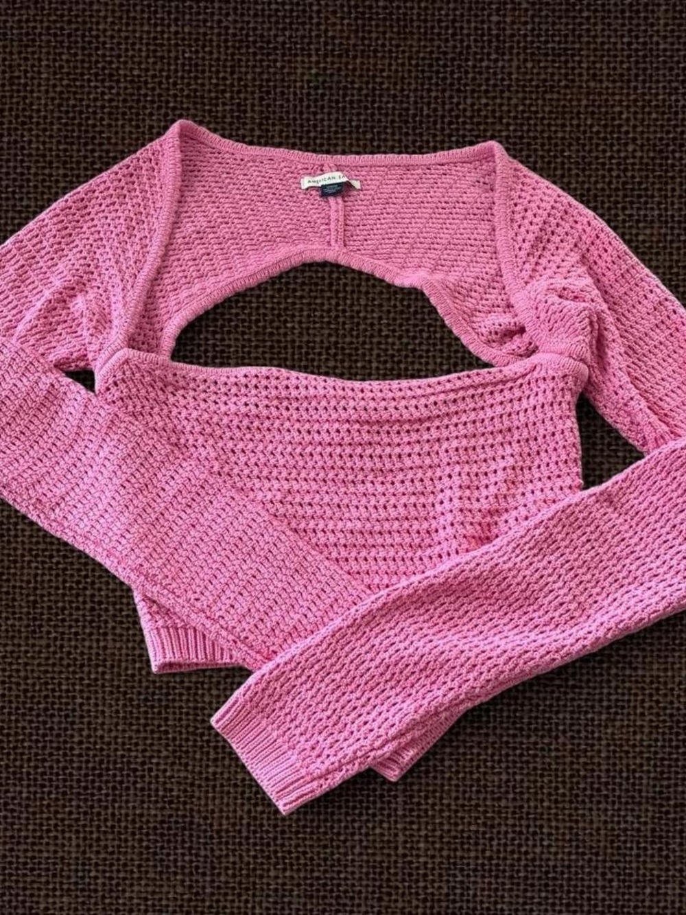 American Eagle Pink Open Knit Cutout Cropped Sweater Boho Festival Top M